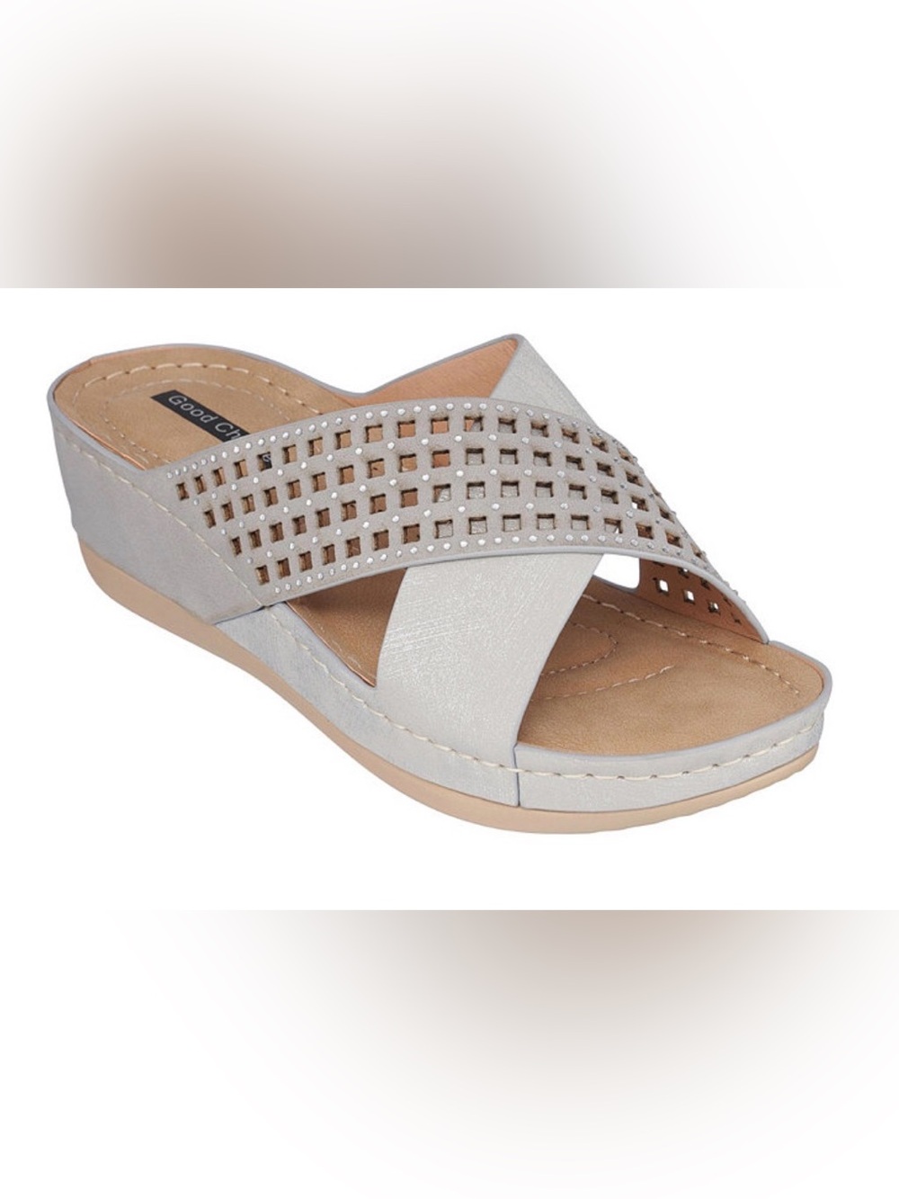 Good Choice Isabella Silver Sandals Rhinestone Laser Cut Slide Size 8 (NIB)